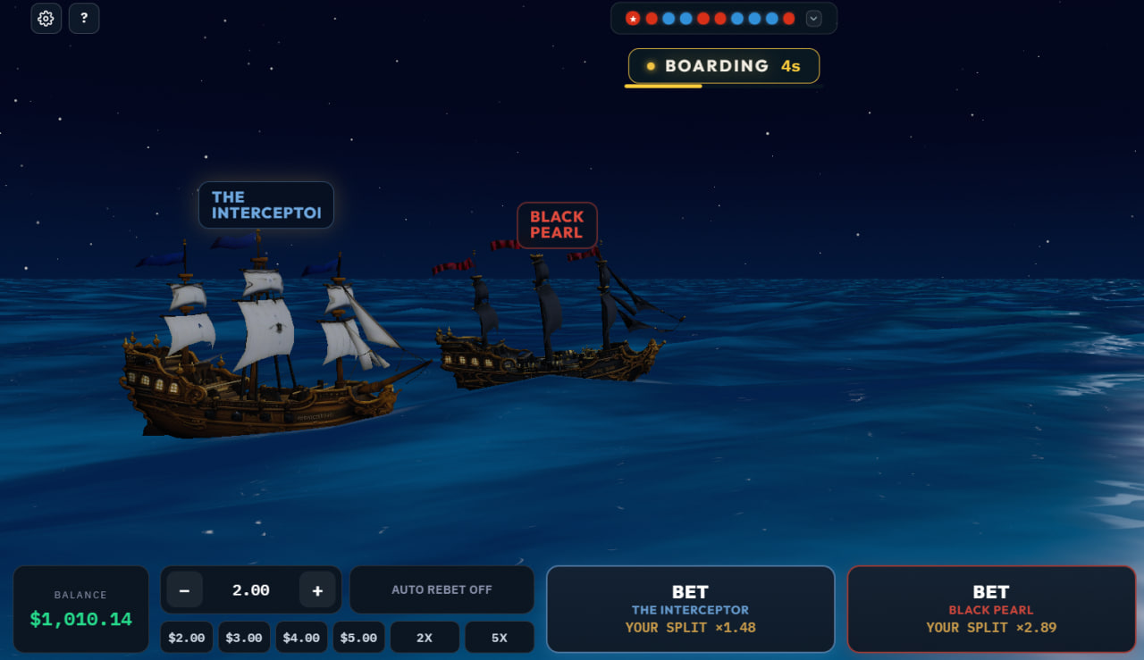 STEP 2 — Boarding phase with the two BET buttons and stake controls